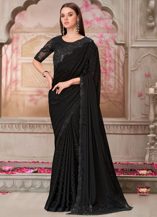 Georgette Traditional Saree In Black With Resham Work