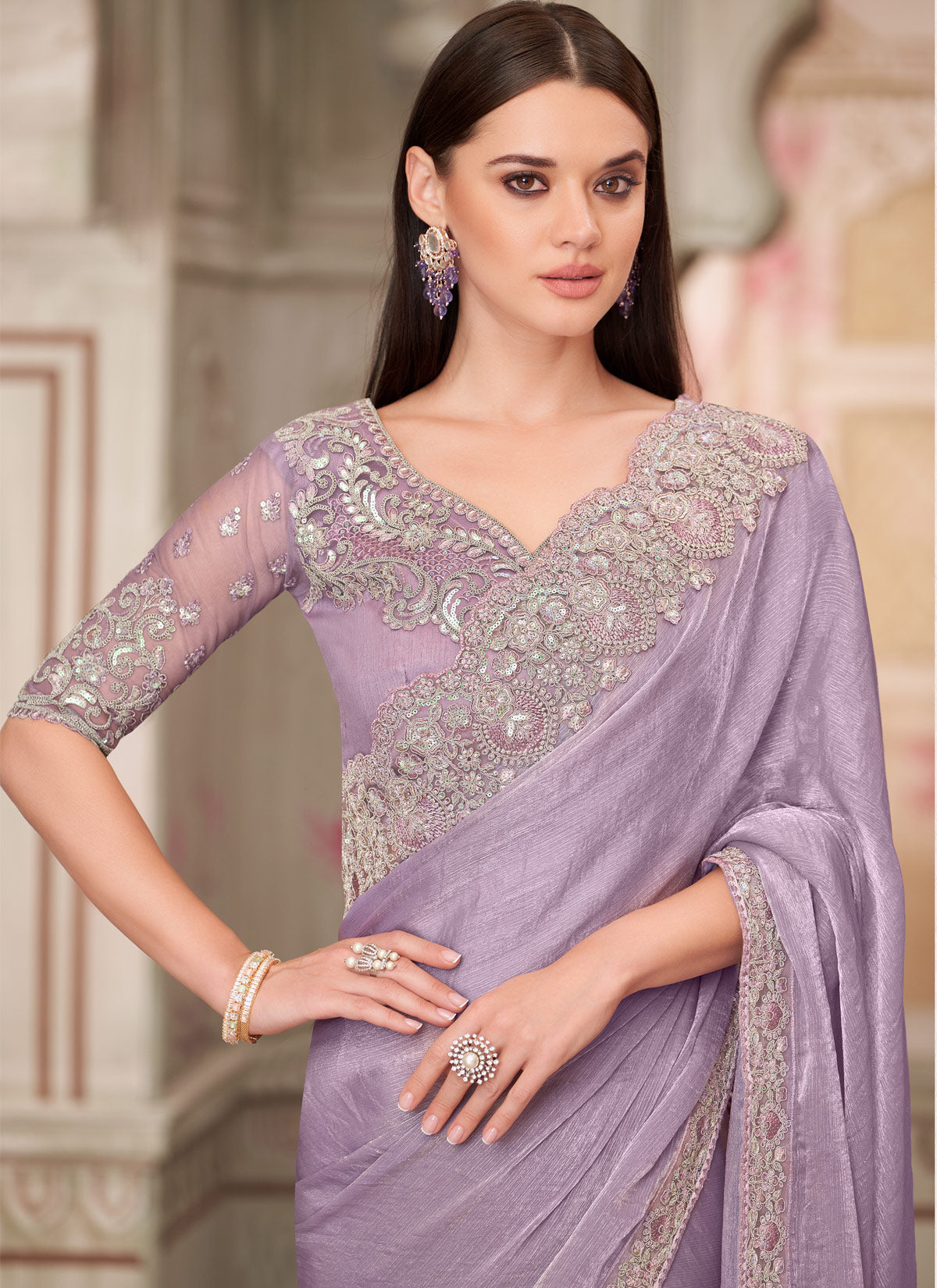 Chiffon Silk Traditional Saree In Violet With Embroidered Work