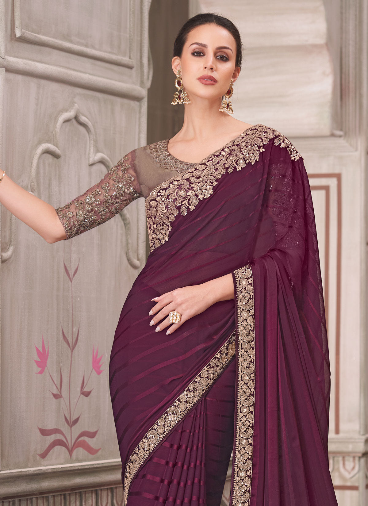 Wine Georgette Sequins Work Classic Saree For Women