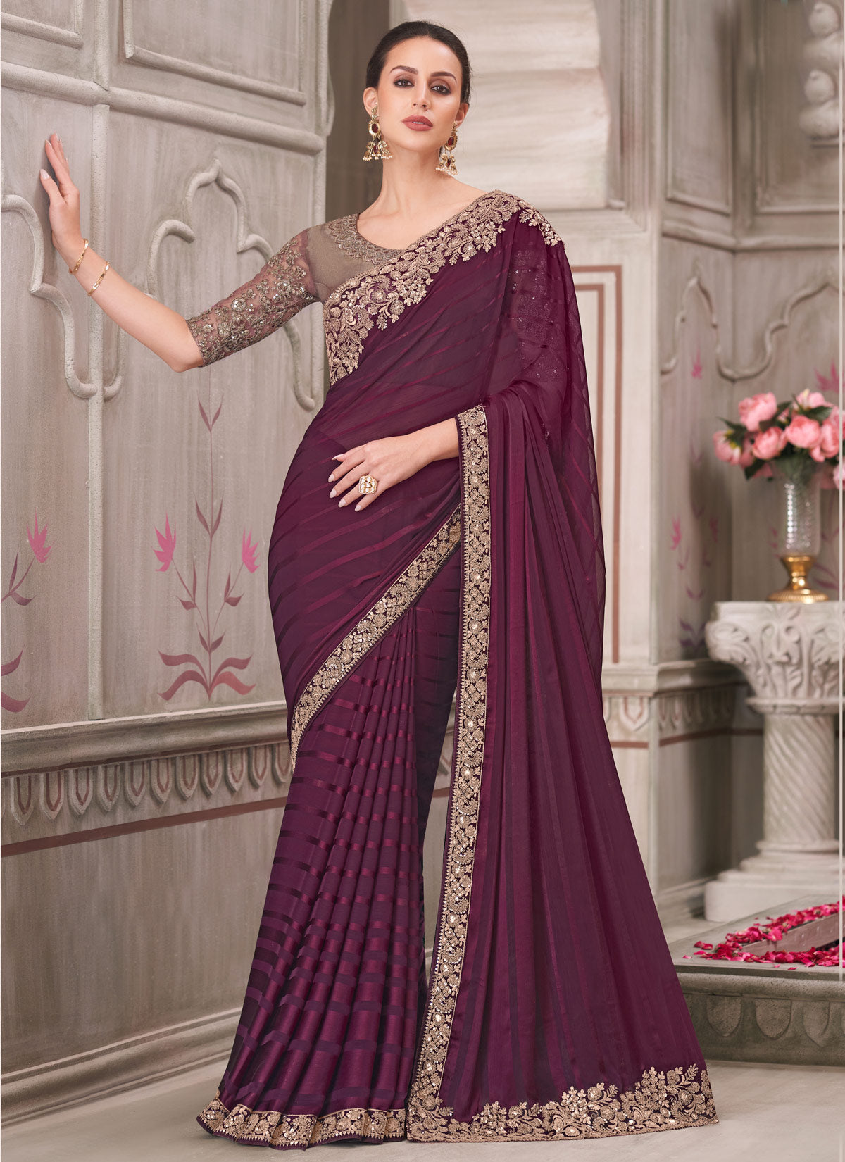 Wine Georgette Sequins Work Classic Saree For Women