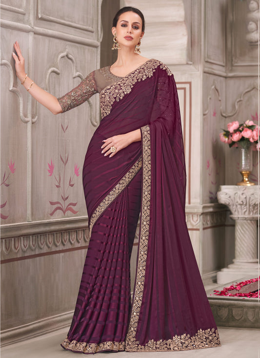Wine Georgette Sequins Work Classic Saree For Women