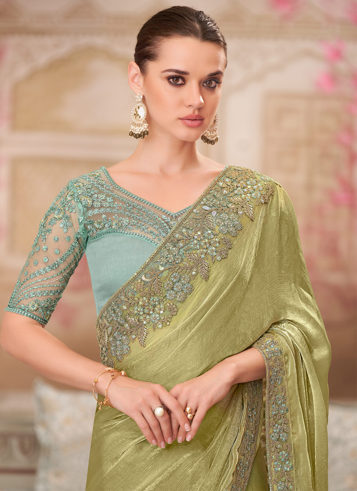 Olive Chiffon Silk Trendy Saree With Resham Work For Wedding