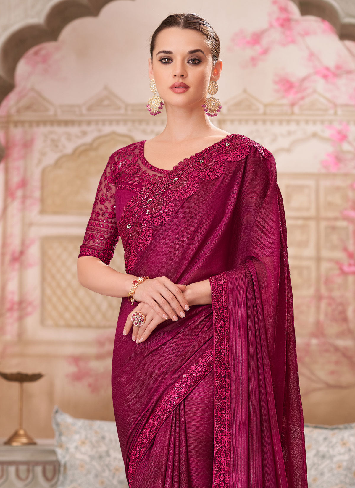 Rose Pink Shimmer Silk Resham Work Traditional Saree For Women