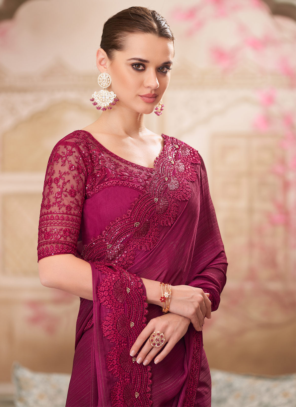 Rose Pink Shimmer Silk Resham Work Traditional Saree For Women