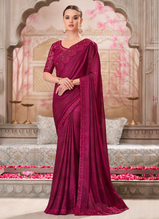 Rose Pink Shimmer Silk Resham Work Traditional Saree For Women