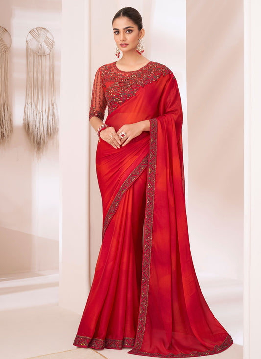 Red Chiffon Traditional Saree With Resham Work For Ceremonial
