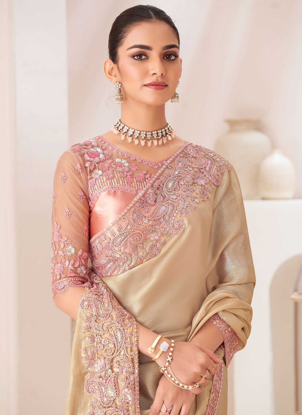 Beige Satin Silk Embroidered Work Classic Saree For Women