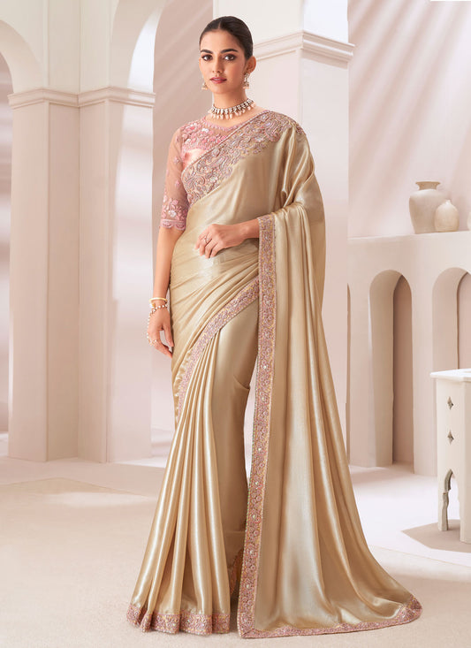 Beige Satin Silk Embroidered Work Classic Saree For Women