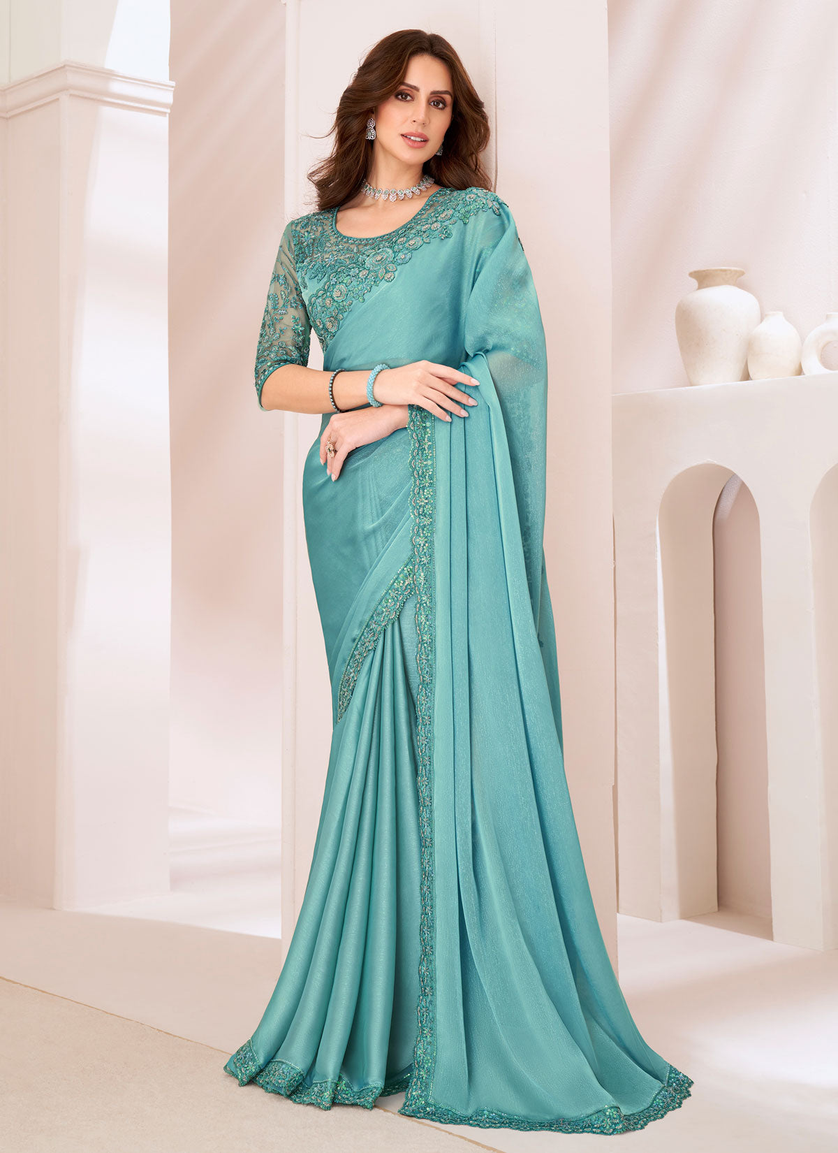 Aqua Blue Silk Georgette Resham Work Trendy Saree