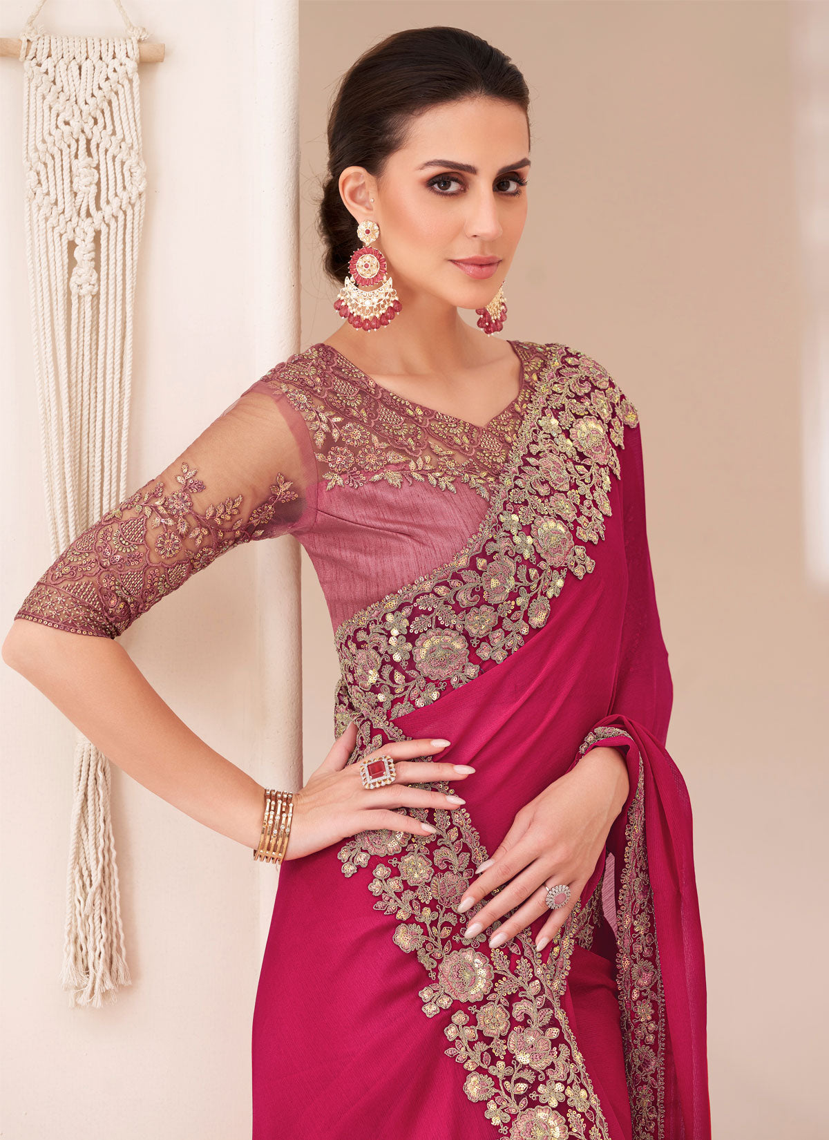 Rose Pink Chiffon Silk Traditional Saree With Sequins Work