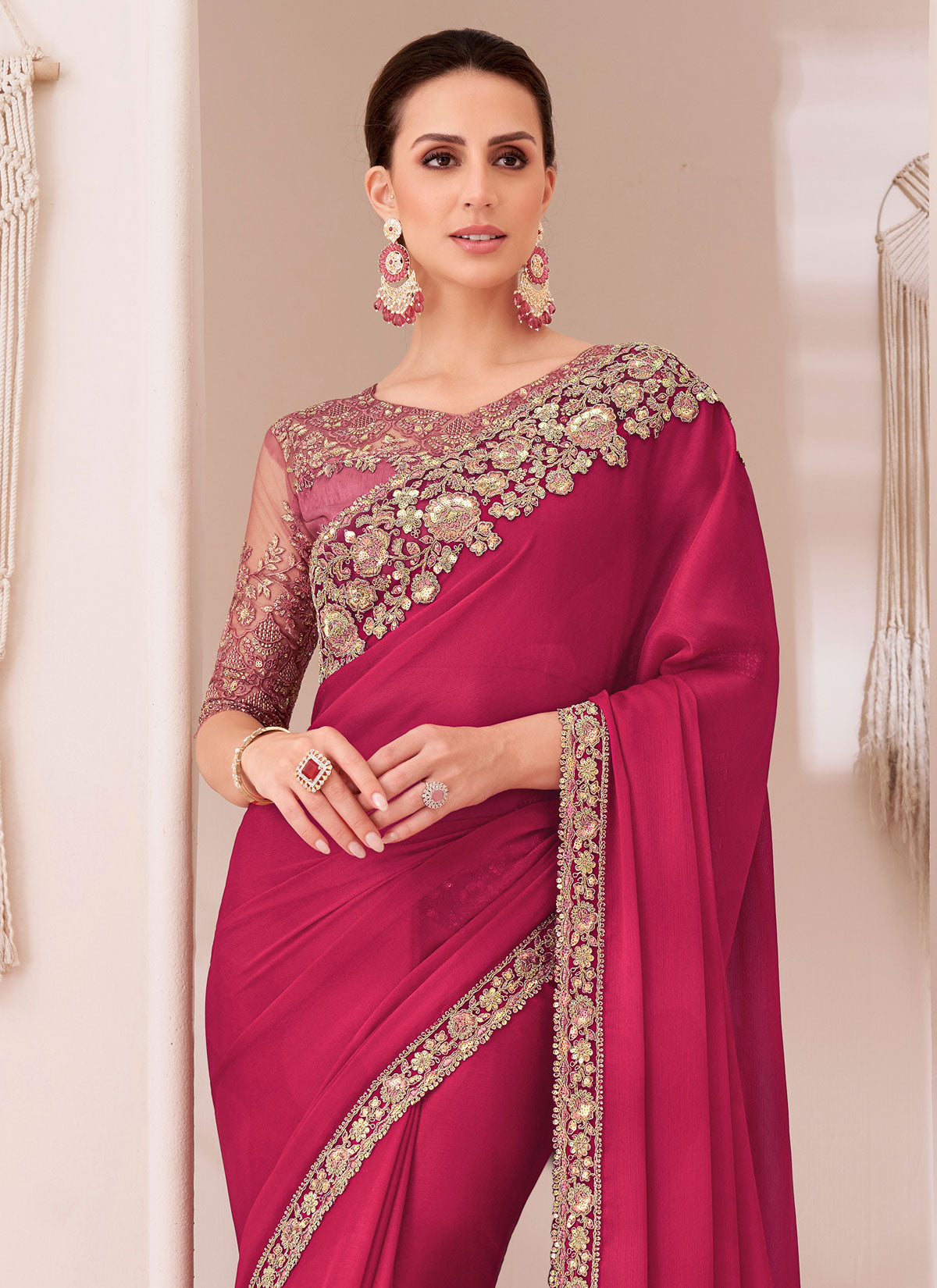 Rose Pink Chiffon Silk Traditional Saree With Sequins Work