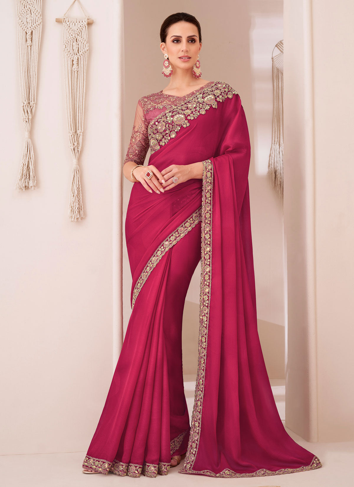 Rose Pink Chiffon Silk Traditional Saree With Sequins Work