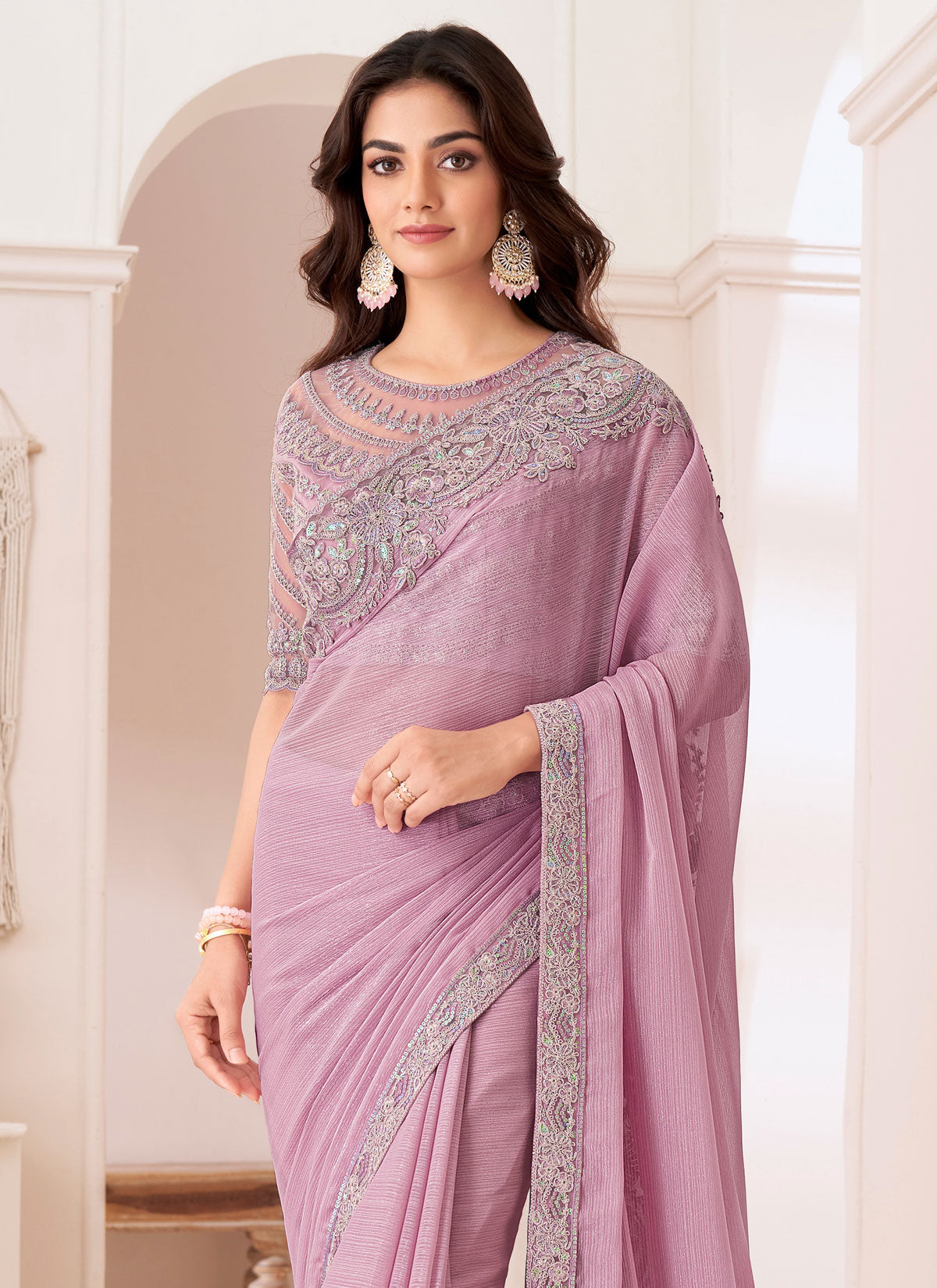 Resham Work Chiffon Traditional Saree In Pink For Women