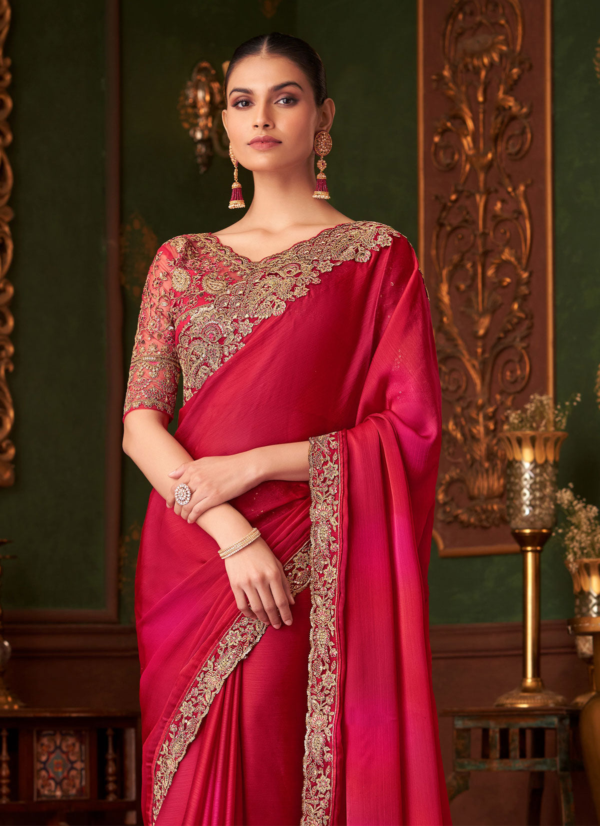 Rose Pink And Red Chiffon Resham Work Classic Saree