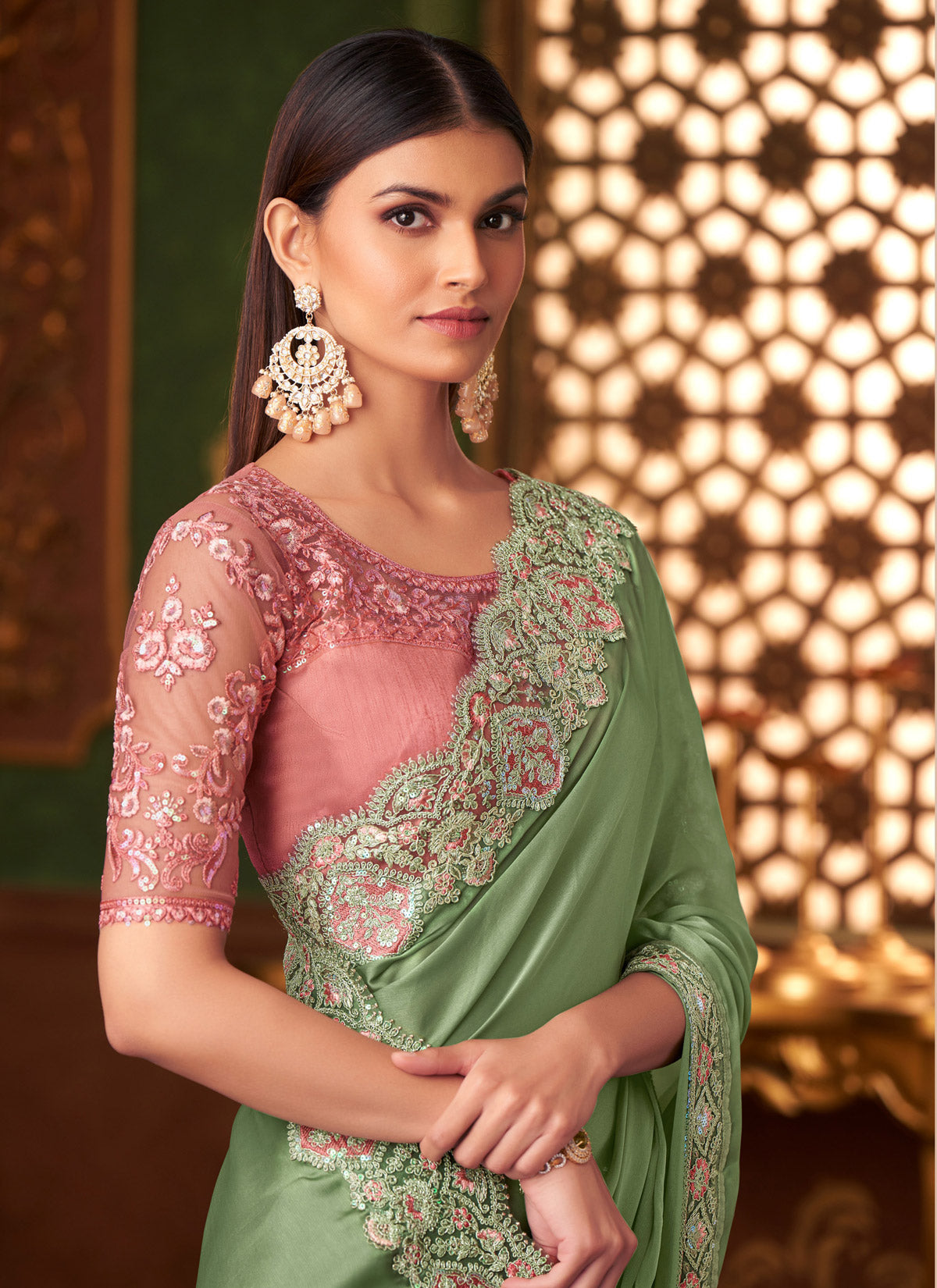 Sequins Work Satin Silk Classic Saree In Mint Green For Women