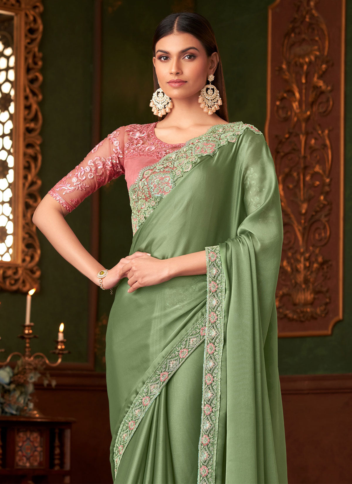 Sequins Work Satin Silk Classic Saree In Mint Green For Women