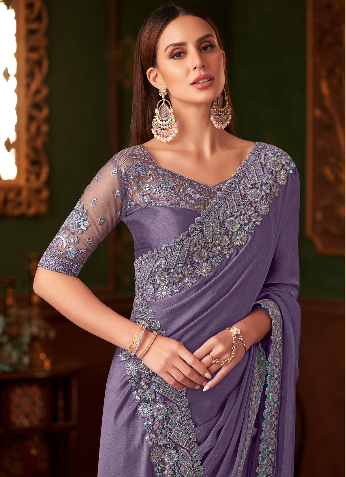 Violet Chiffon Silk Trendy Saree With Embroidered Work For Party
