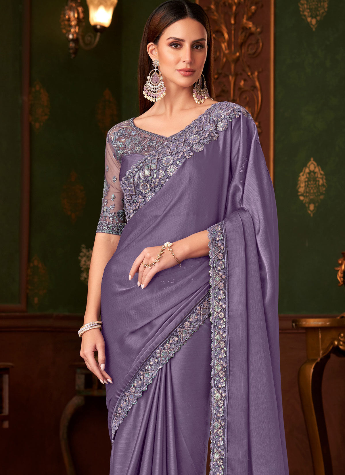 Violet Chiffon Silk Trendy Saree With Embroidered Work For Party