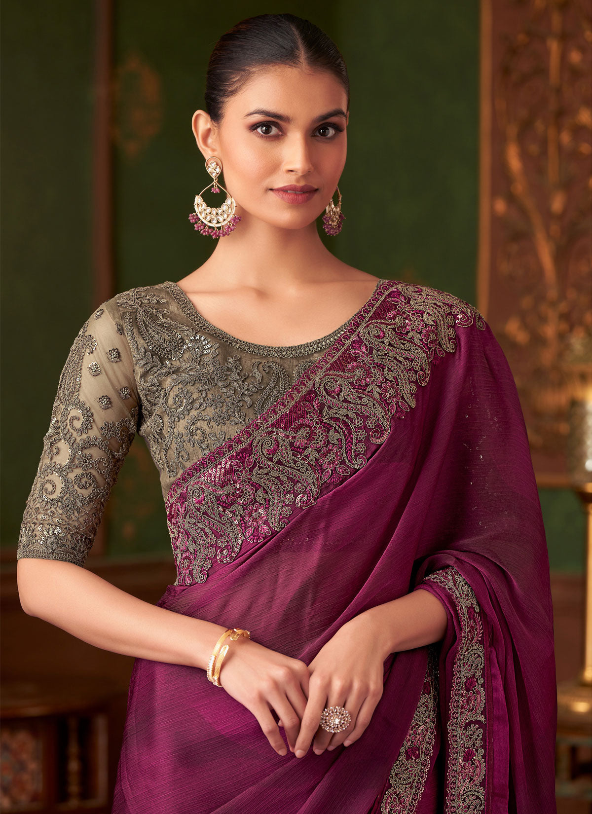Purple Chiffon Silk Traditional Saree With Resham Work For Party
