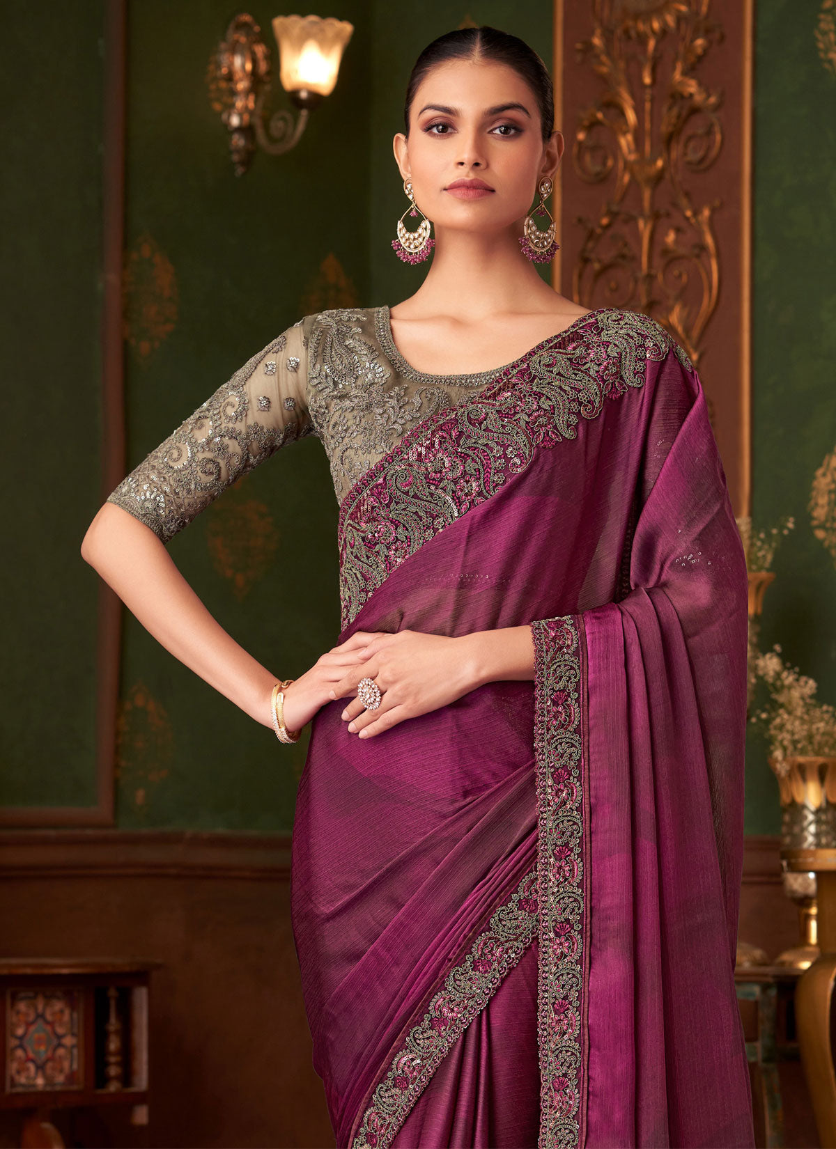 Purple Chiffon Silk Traditional Saree With Resham Work For Party
