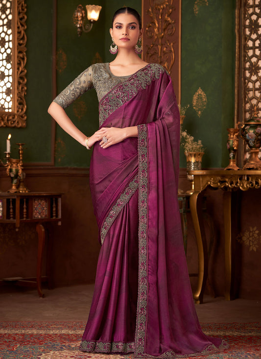 Purple Chiffon Silk Traditional Saree With Resham Work For Party
