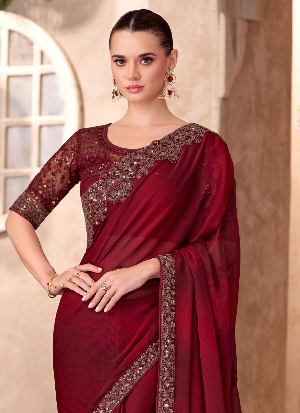 Chiffon Embroidered Work Traditional Saree In Maroon