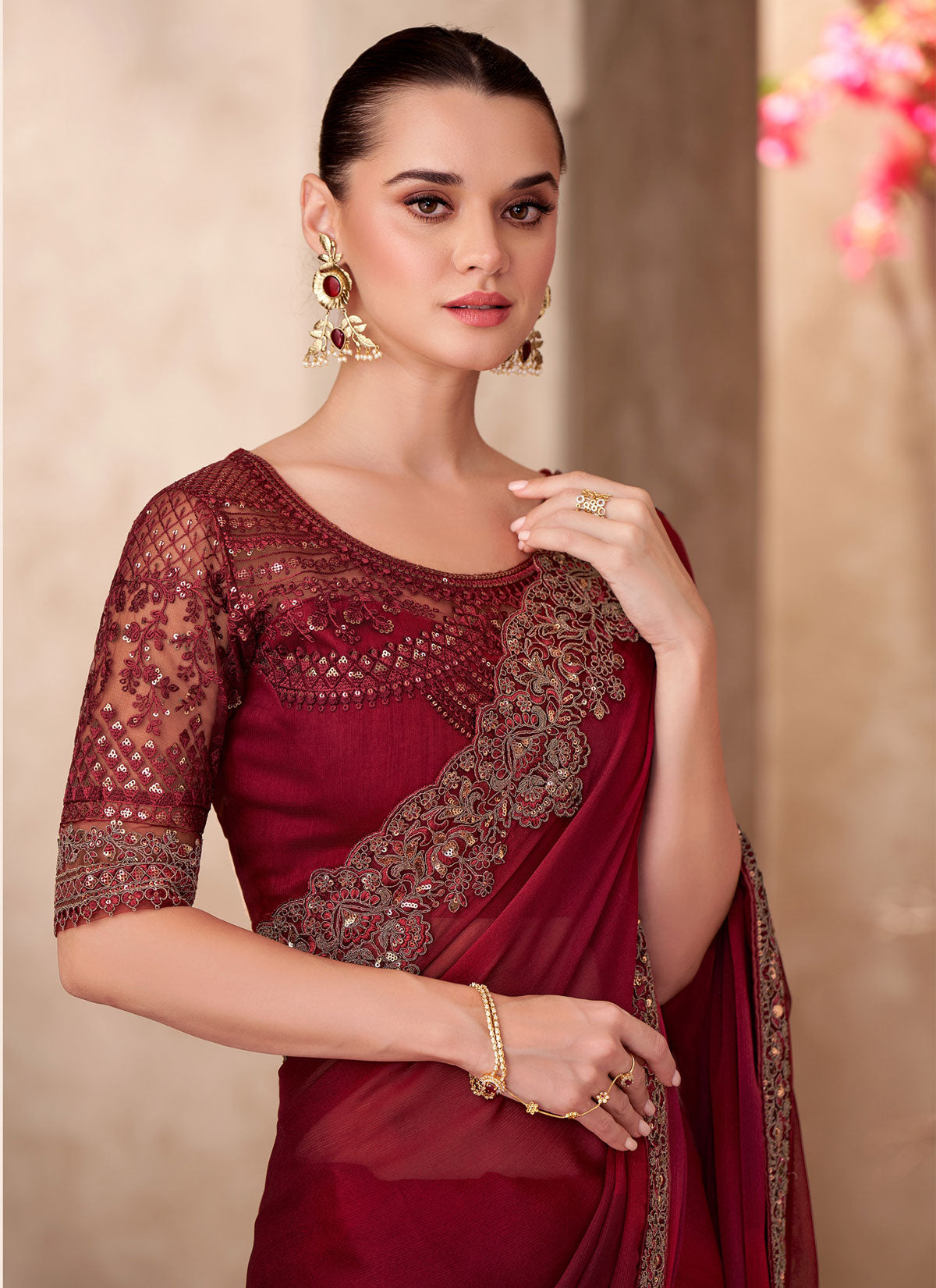 Chiffon Embroidered Work Traditional Saree In Maroon