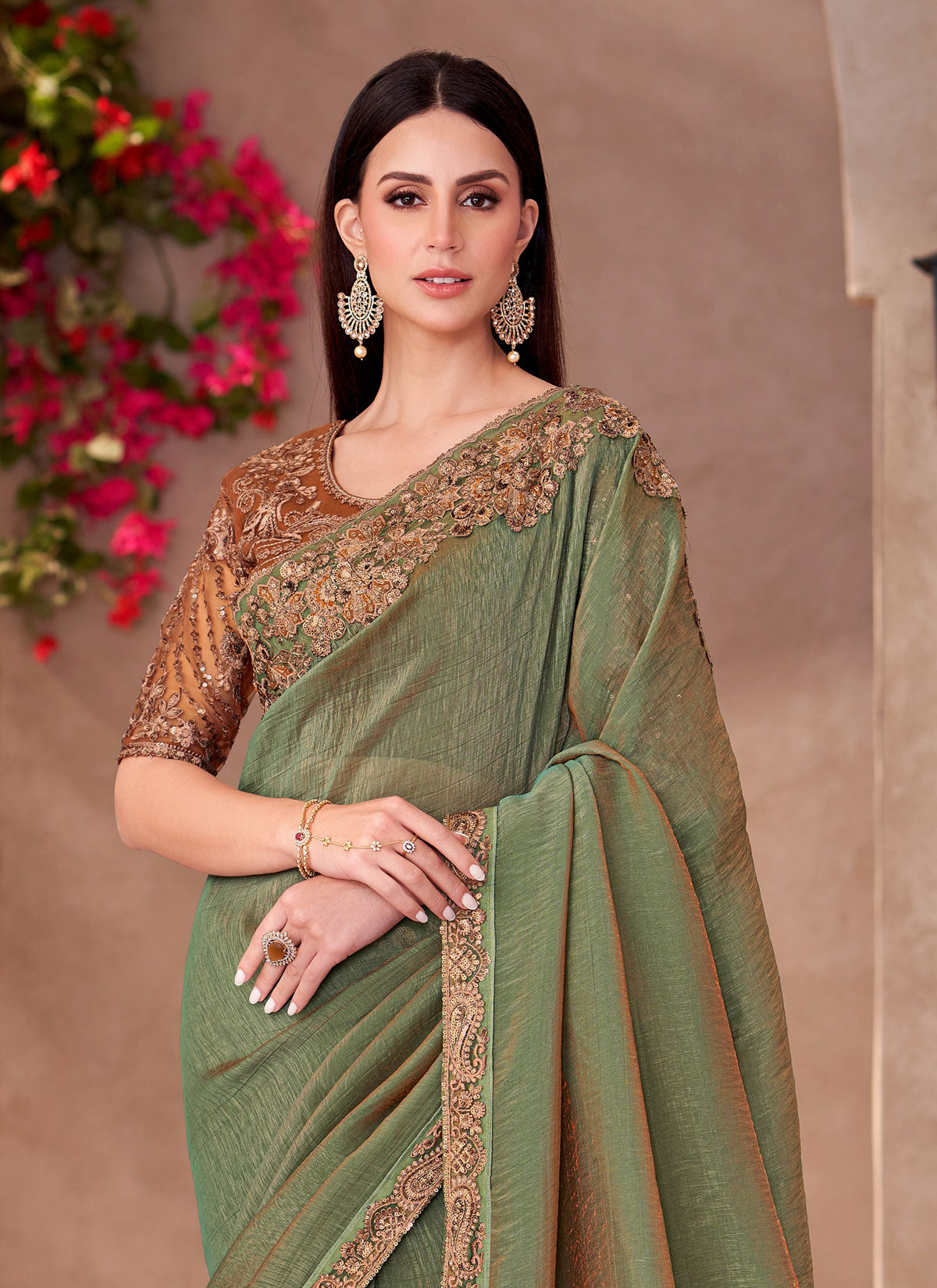 Silk Georgette Traditional Saree With Resham Work In Olive