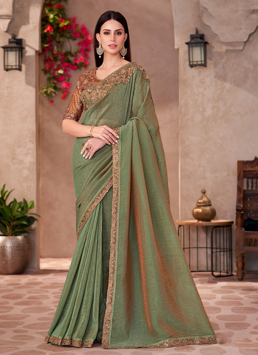 Silk Georgette Traditional Saree With Resham Work In Olive