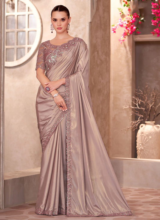 Resham Work Shimmer Silk Traditional Saree In Beige For Women