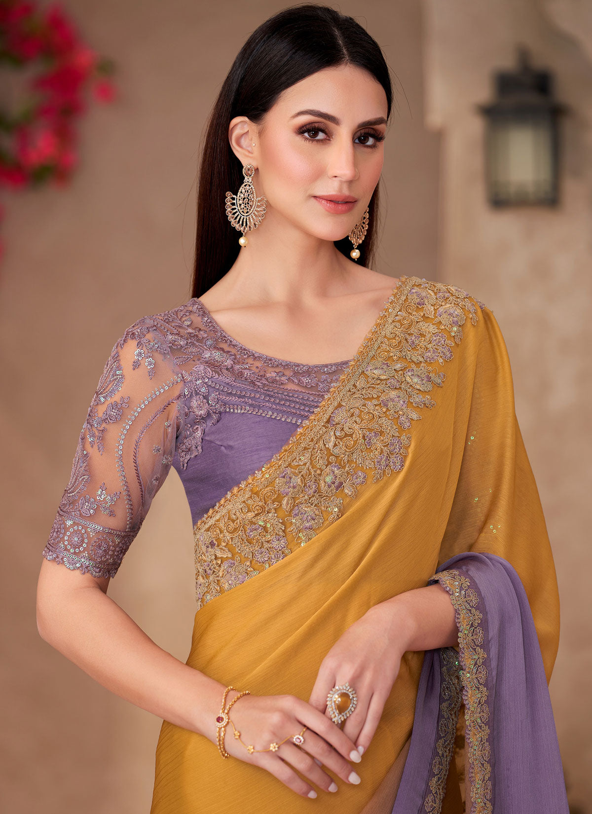 Chiffon Traditional Saree In Mustard And Violet With Sequins Work