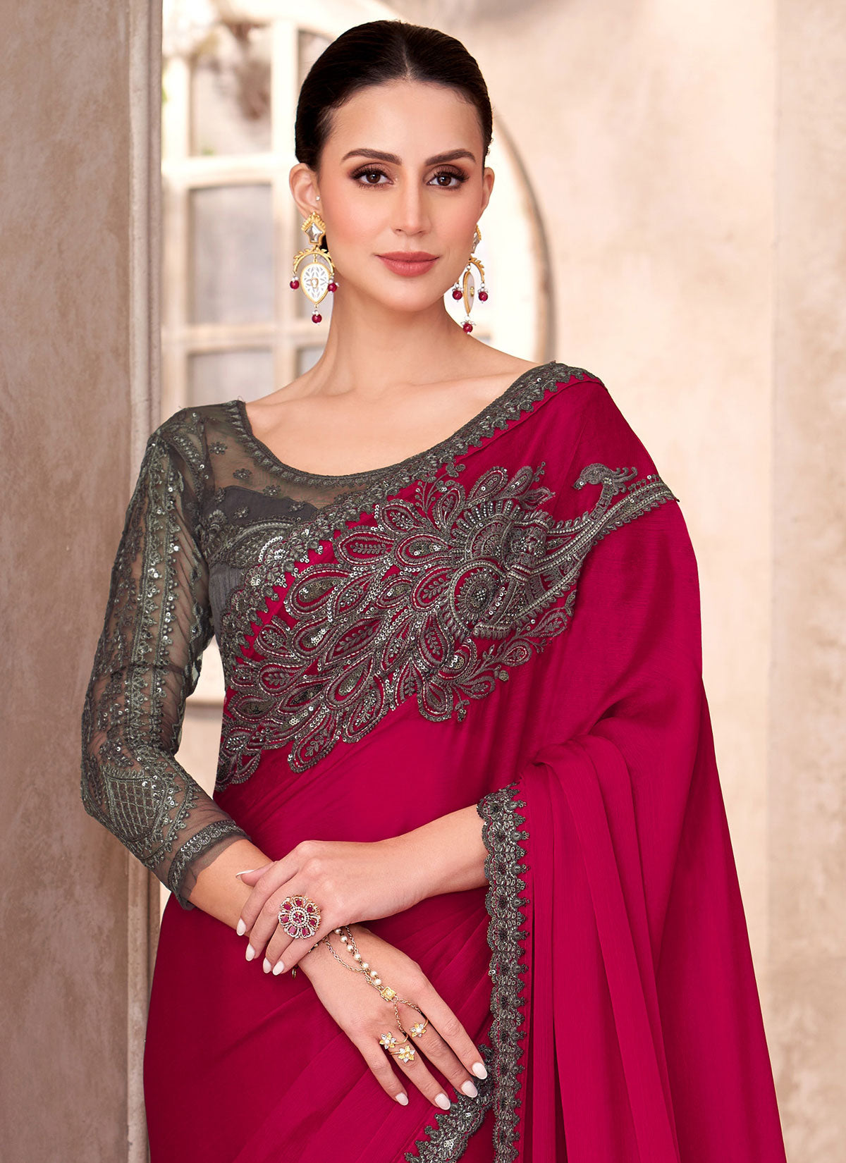 Chiffon Classic Saree With Resham Work In Rose Pink For Ceremonial