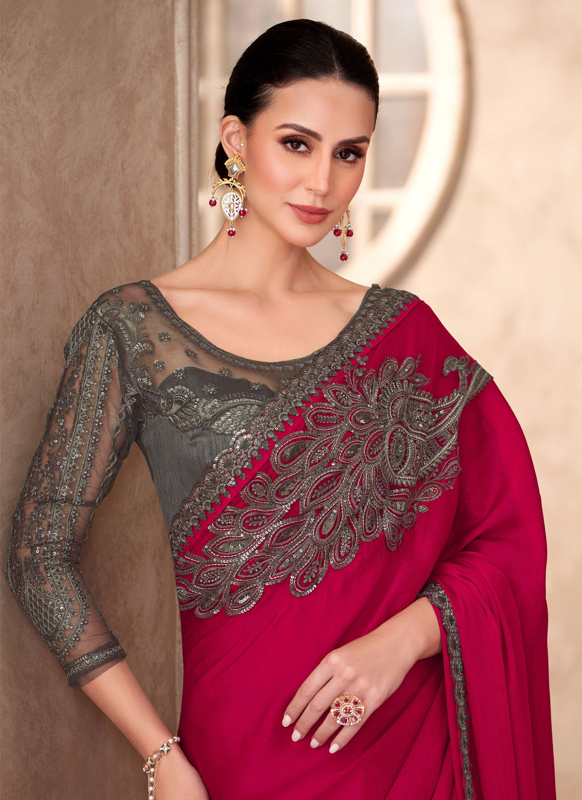 Chiffon Classic Saree With Resham Work In Rose Pink For Ceremonial