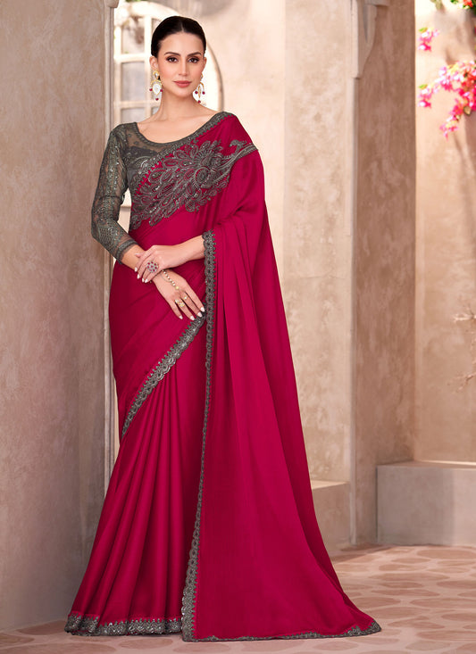Chiffon Classic Saree With Resham Work In Rose Pink For Ceremonial