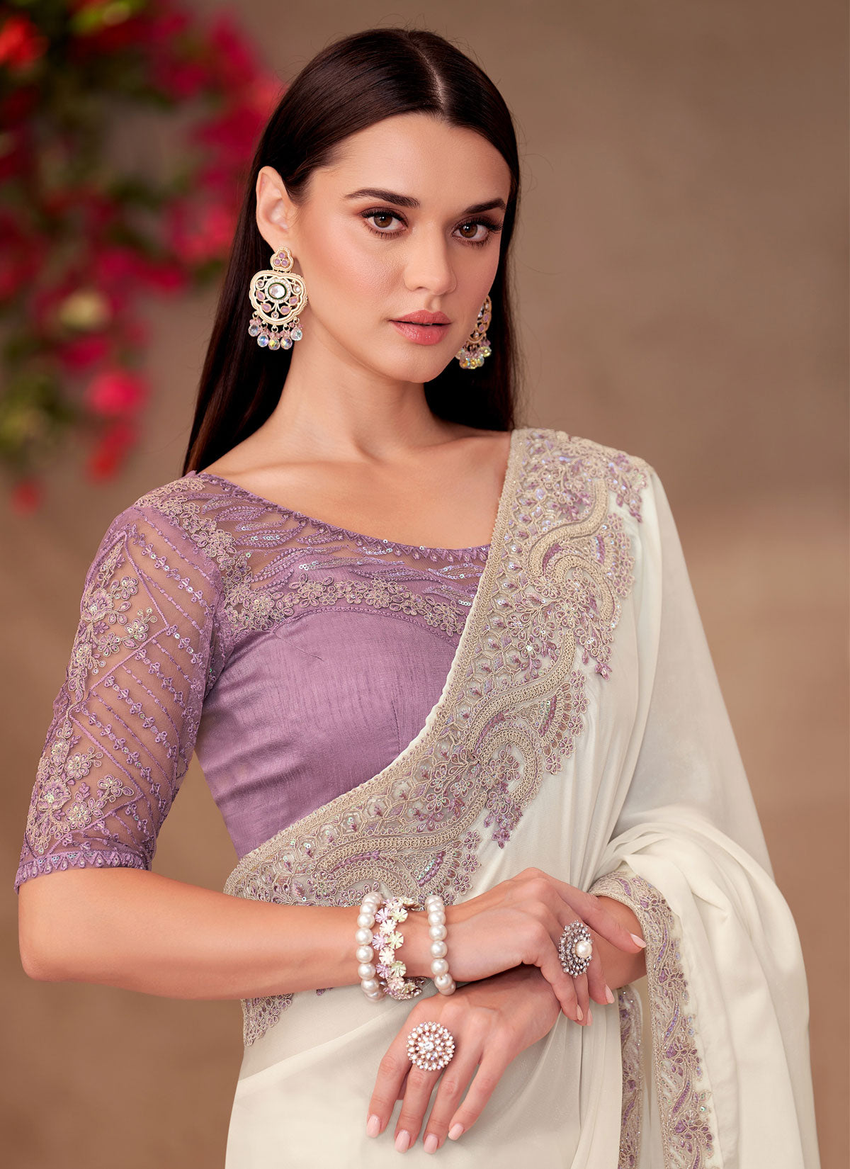 Sequins Work Georgette Classic Saree In White For Women