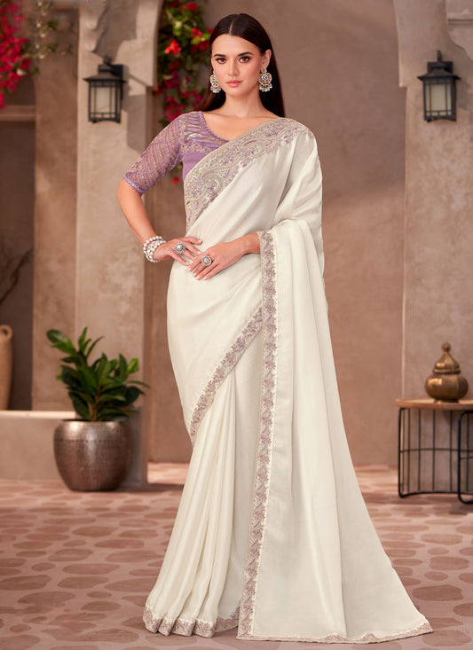 Sequins Work Georgette Classic Saree In White For Women