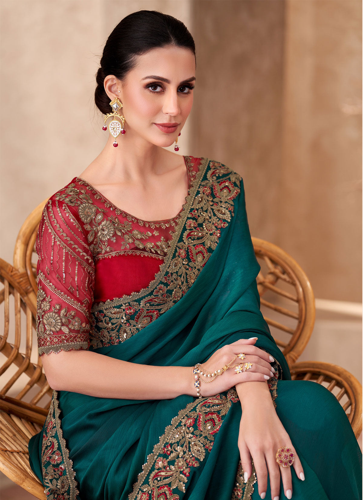 Embroidered Work Chiffon Classic Saree In Teal For Party