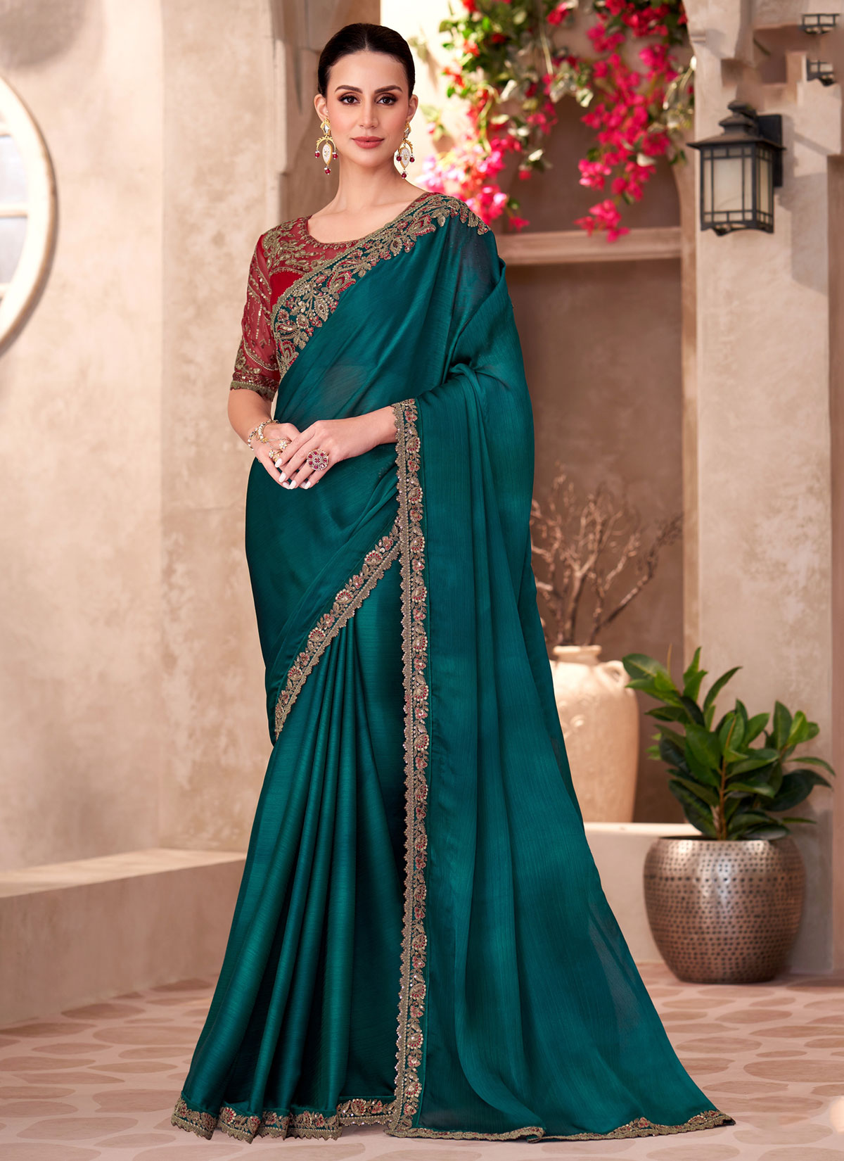 Embroidered Work Chiffon Classic Saree In Teal For Party