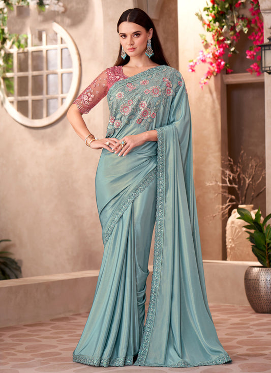Embroidered Work Shimmer SIlk Trendy Saree In Aqua Blue For Women
