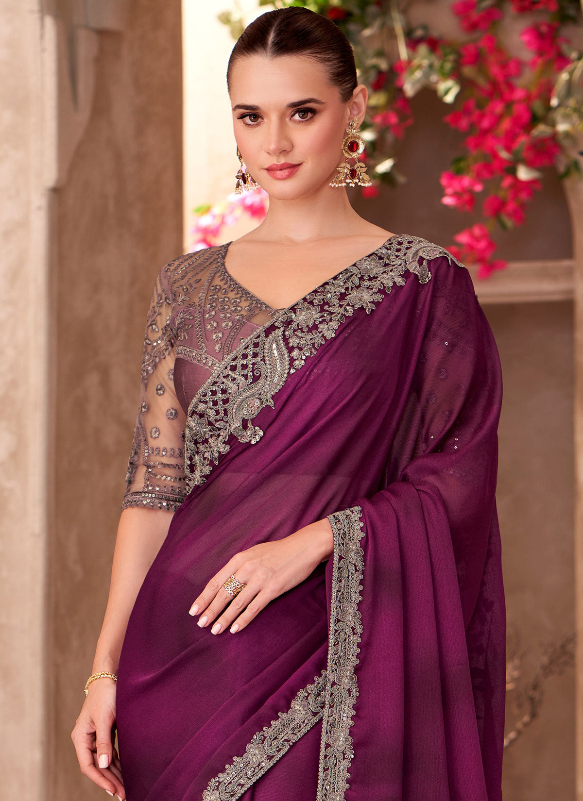 Chiffon Silk Trendy Saree With Embroidered Work In Purple