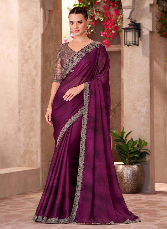 Chiffon Silk Trendy Saree With Embroidered Work In Purple