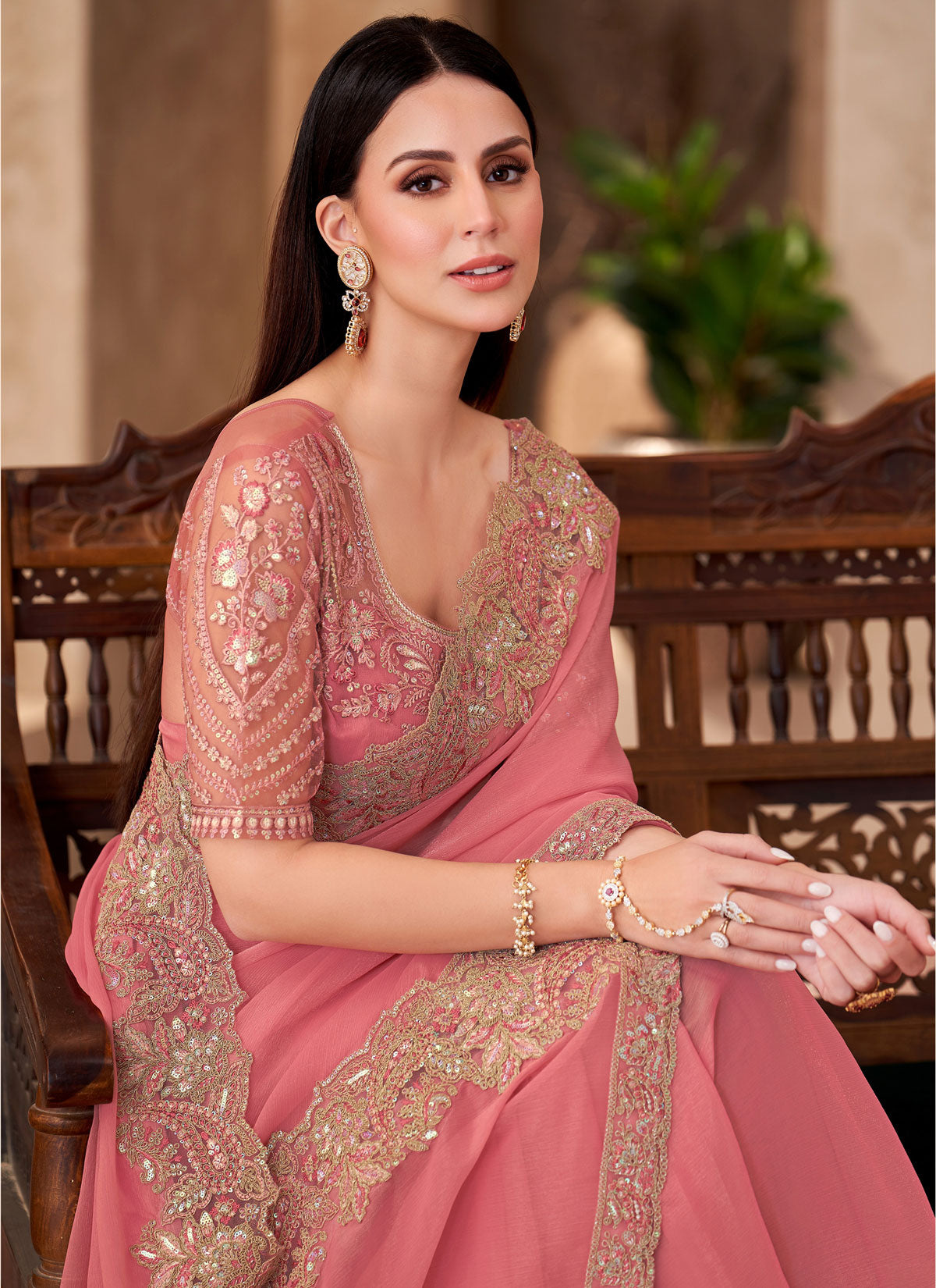 Embroidered Work Trendy Saree For Festival In Salmon