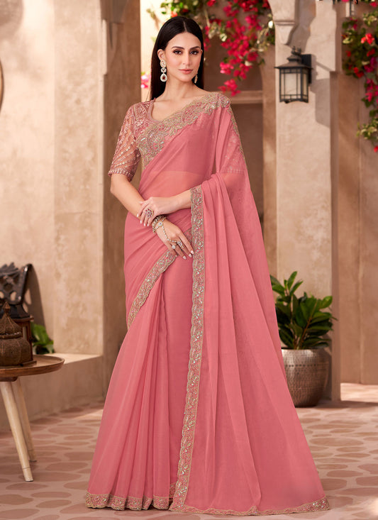 Embroidered Work Trendy Saree For Festival In Salmon