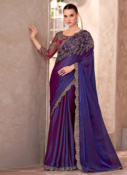 Silk Georgette Traditional Saree With Embroidered Work In Purple