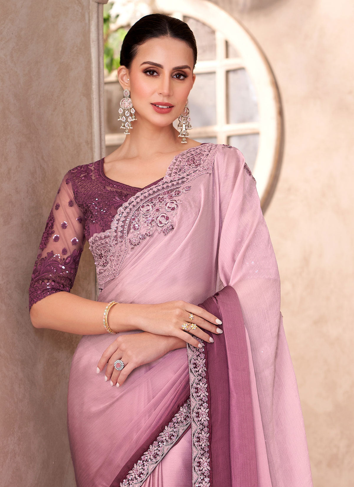 Pink And Wine Chiffon Resham Work Traditional Saree For Women