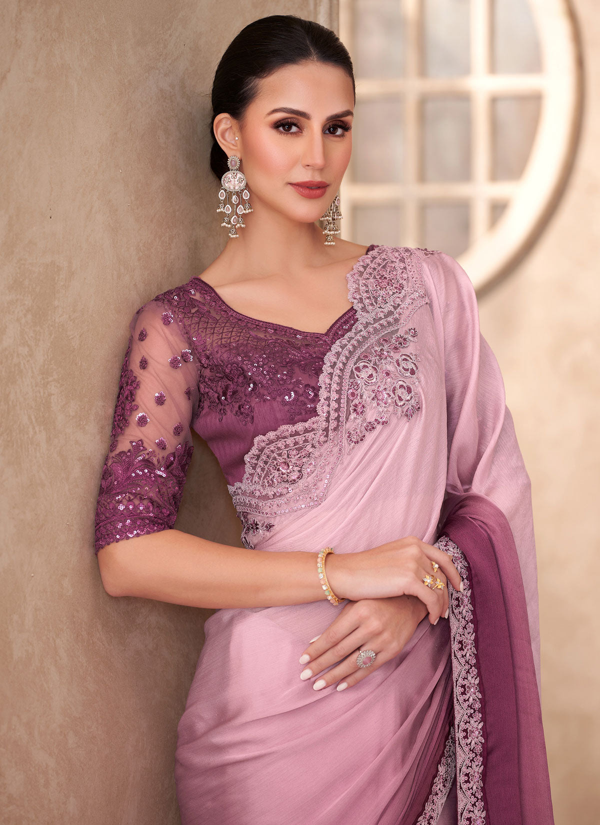 Pink And Wine Chiffon Resham Work Traditional Saree For Women