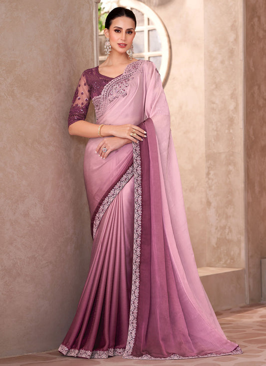 Pink And Wine Chiffon Resham Work Traditional Saree For Women