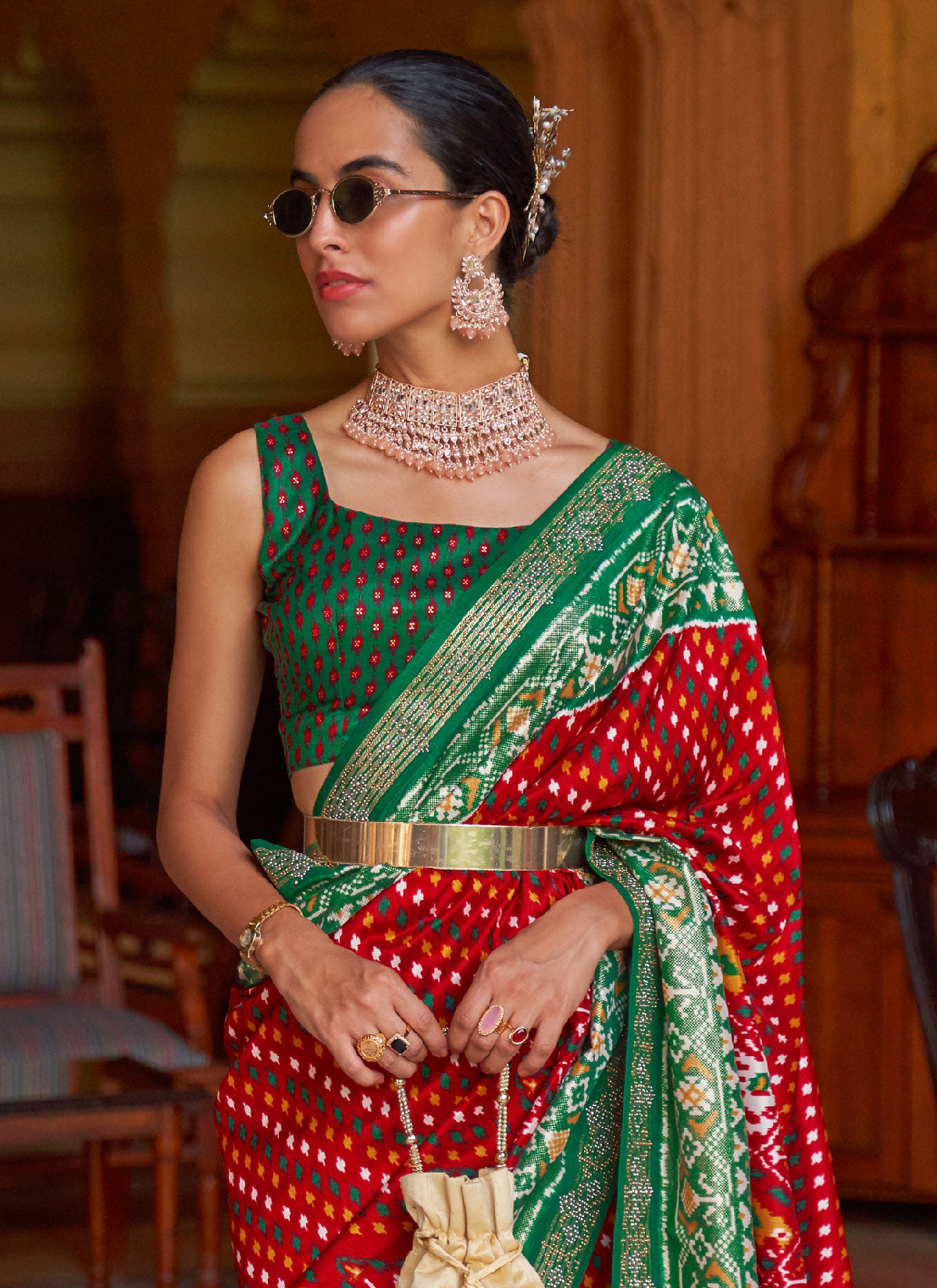 Patola Print Work Silk Blend Traditional Saree In Red And Green