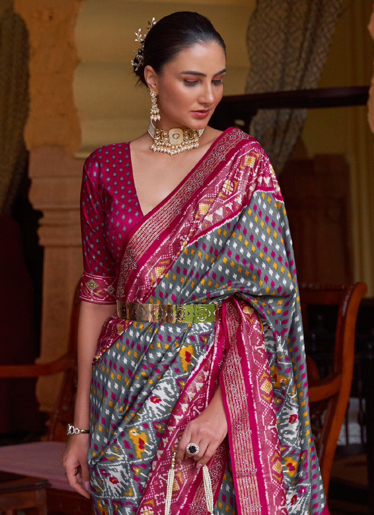 Silk Blend Traditional Saree With Patola Print Work For Wedding