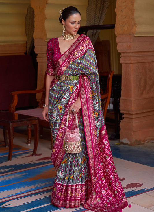 Silk Blend Traditional Saree With Patola Print Work For Wedding